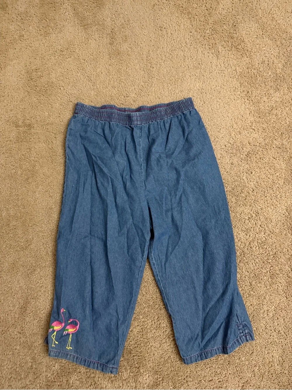 VTG Bleu Bayou Flamingo Embroidered Matching Set  Size XL V Neck Shirt Capris - Picture 2 of 8